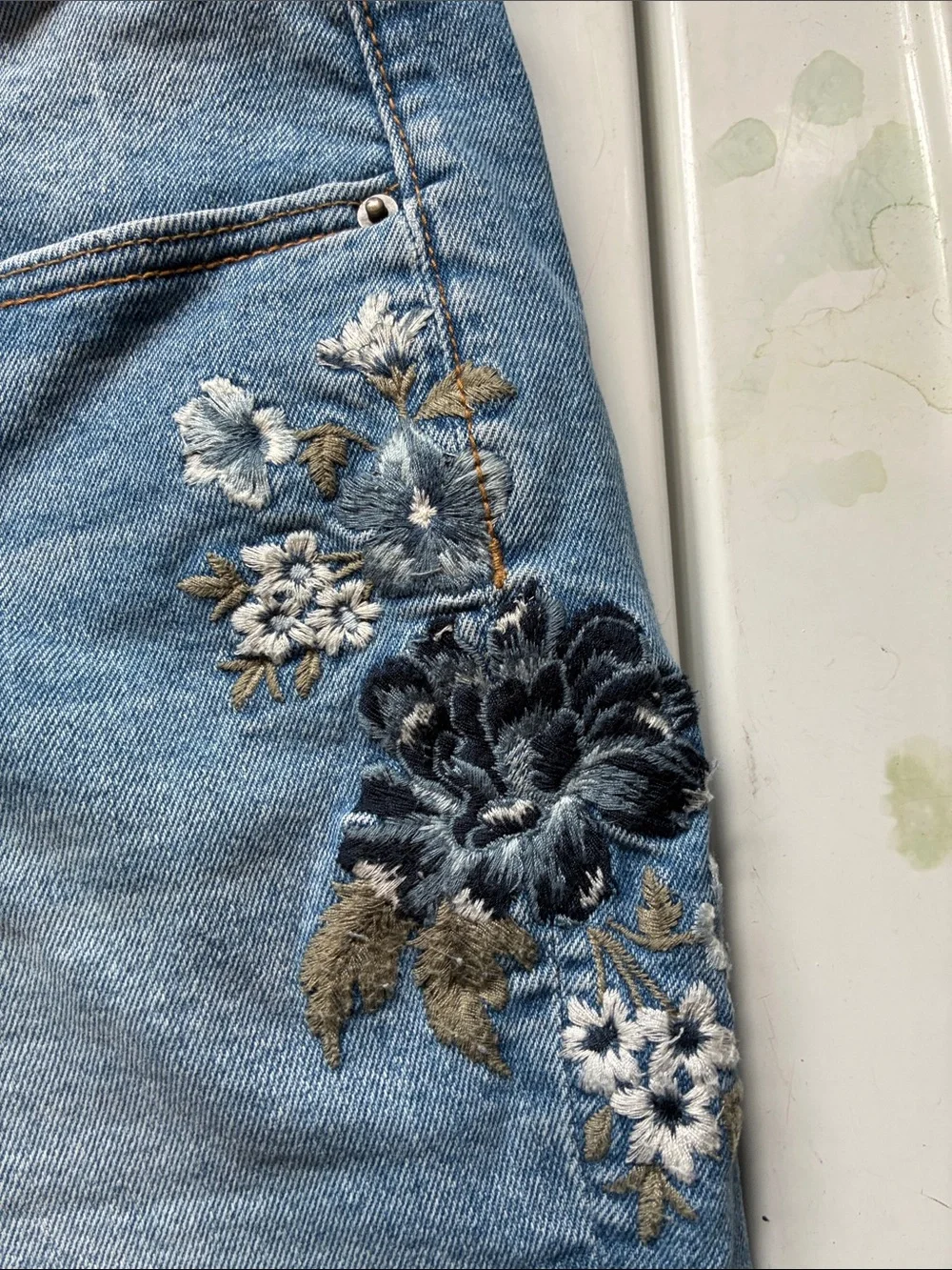 DRIFTWOOD Light Blue Denim Shorts with Floral Embroidery - Picture 3 of 8